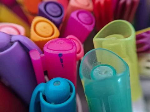 Enlarged details of various colored pens. Stock Photos