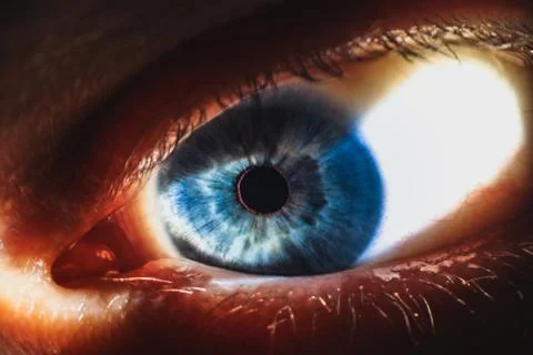 An enlarged image of eye with a blue iris, eyelashes and sclera. Stock Photos