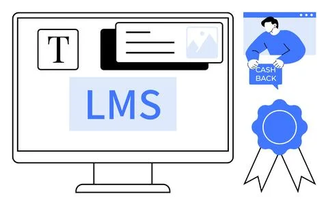 Enlarged view of an LMS interface on a computer screen with text, image icons Stock Illustration
