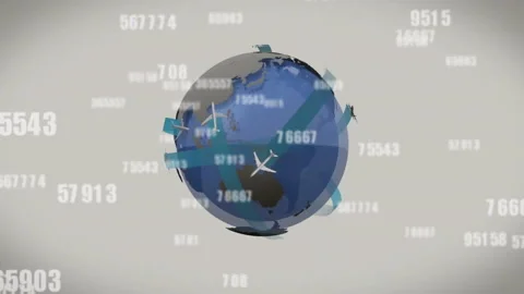 Enlarging sphere morphing into rotating globe, blue ribbons guiding planes Stock Footage 313094619