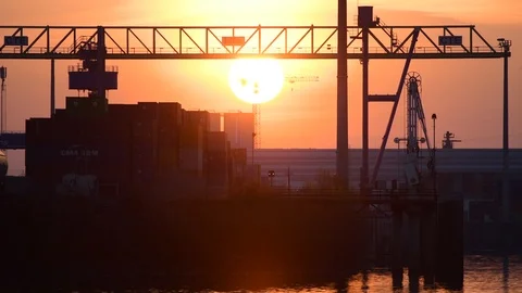 Enns, austria, 23 march 2019, sunset at the danube harbour of enns Stock Footage 126917877