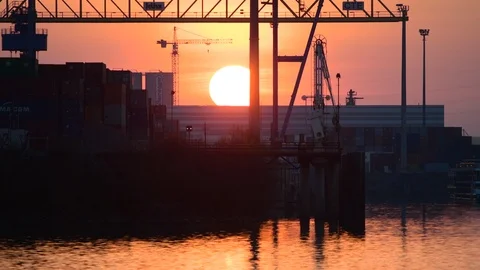 Enns, austria, 23 march 2019, sunset at the danube harbour of enns Stock Footage 126918913
