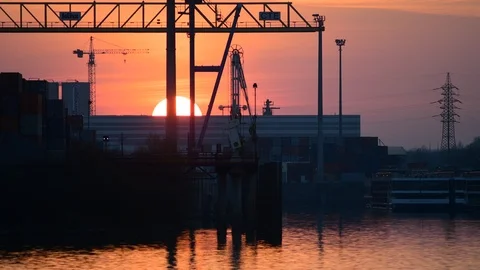 Enns, austria, 23 march 2019, sunset at the danube harbour of enns Stock Footage 126919109