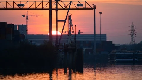 Enns, austria, 23 march 2019, sunset at the danube harbour of enns Stock Footage 126919667