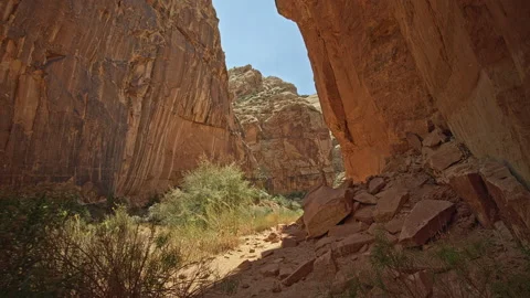 Enormous cliffs right and left from the hiking trail at a Canyon at Capitol Reef Stock Footage 209148240