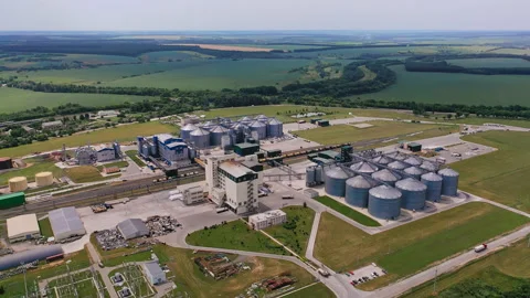Enormous up-to-date grain-drying complex in the rural area.  Stock Footage 167329566