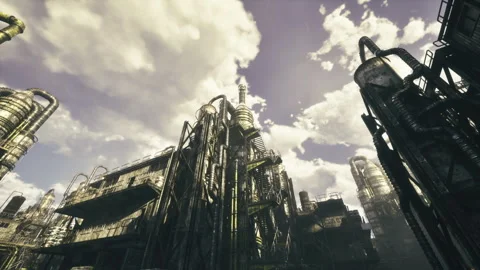 Enormous interconnected pipeline assembly reaching into sky with gritty textures Stock Footage 340340155