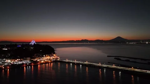 Enoshima Bridge Night View Mt Fuji | Aerial Magic Hour Stock Footage 329054936