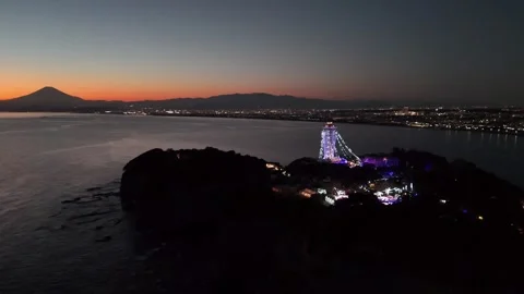Enoshima Illumination Night View | Sea Candle Aerial 4K Stock Footage 329055578