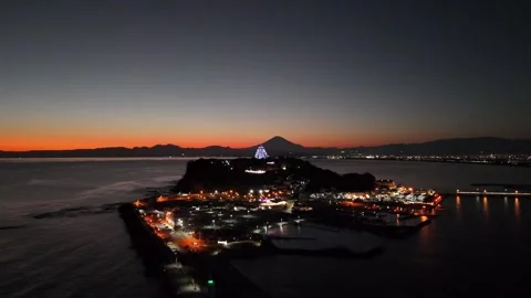 Enoshima Marina | Night Illuminations | Mt. Fuji - 4K Aerial Video Stock Footage 329054946
