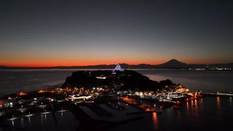Enoshima Yacht Harbor | Mt. Fuji | Magic Hour - 4K Aerial Video Stock Footage 329054943