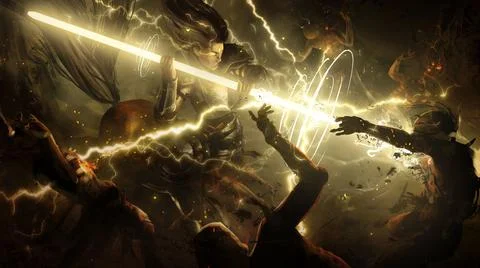 An enraged centaur charged into the crowd of undead with a magical glowing sp Stock Illustration