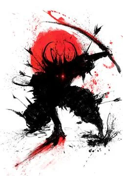An enraged samurai wounded from all sides with arrows, against the backdrop o Stock Illustration
