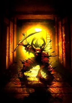An enraged samurai, wounded from all sides by arrows, burst into a bloodied J Stock Illustration