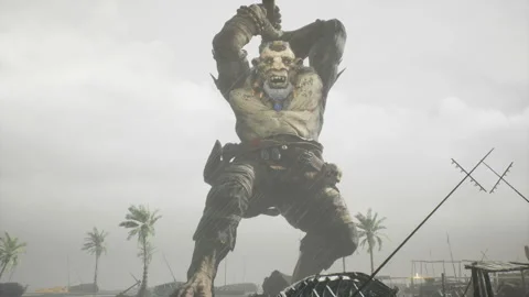 An enraged troll strikes his enemy with his battle club. Fantasy Medieval Stock Footage 160574945