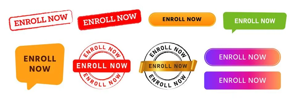 Enroll now circle rectangle stamp speech bubble and button website internet Stock-Illustration