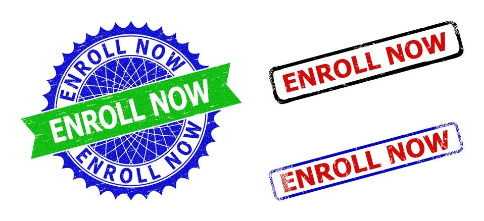 ENROLL NOW Rosette and Rectangle Bicolor Seals with Corroded Textures Stock Illustration