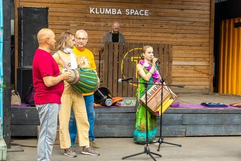 An ensemble performance with vocalists, harmonium, and mridanga at KLUMBA SPACE Stock Photos