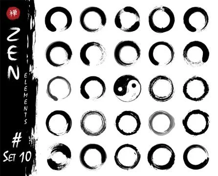 Enso zen circle set elements . Ink grungy watercolor pattern painting design  Stock Illustration