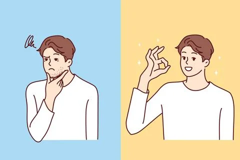 Entangled in threads of man puzzled touches chin then smiles and shows OK Stock Illustration