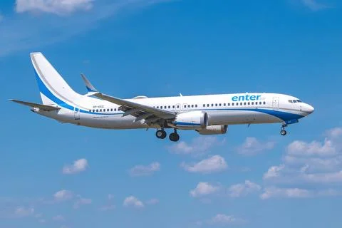 Enter Air Boeing 737 MAX 8 passenger jet, registration SP-EXG, descending f.. Stock Photos
