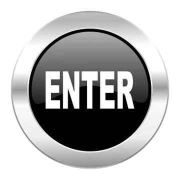 Enter black circle glossy chrome icon isolated. Ilustración de archivo