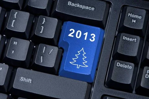 Enter button on computer keyboard with Christmas tree. Button computer key... Foto stock