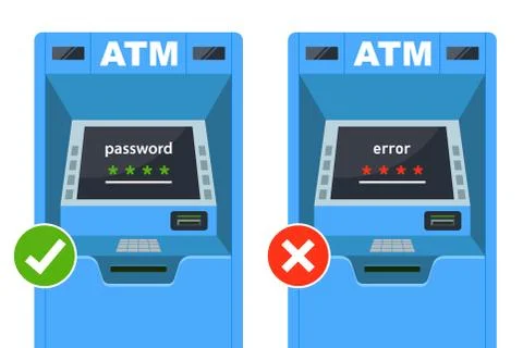 Enter the correct and incorrect password at the ATM. Stock Illustration