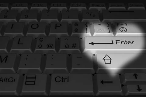 Enter the heart lit white computer keyboard -  3D illustration. 스톡 일러스트
