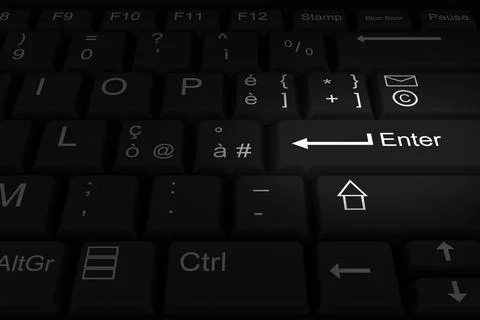 Enter lit black computer keyboard - 3D illustration Иллюстрация