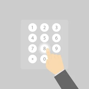 Enter numbers on the virtual numeric keypad. A man's hand touches the numbers Stock Illustration