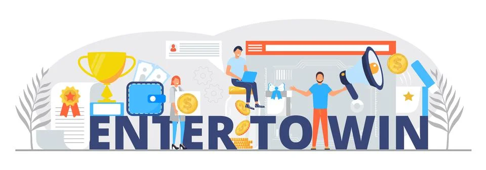 Enter to win concept vector. Temawork, tiny people offer money, coins, prize  Stock-Illustration