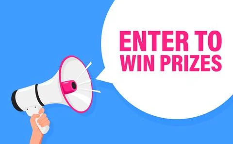 Enter to win prizes. Hand hold megaphone speaker for announce. Attention please Illustrazione stock