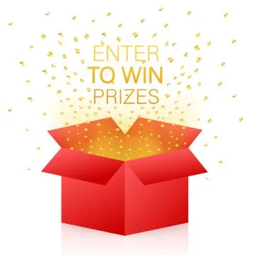 Enter to Win Prizes. Open Red Gift Box and Confetti. Vector stock Illustratio Illustrazione stock