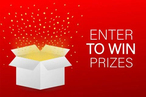 Enter to Win Prizes. Open Red Gift Box and Confetti. Vector stock Illustratio Illustrazione stock