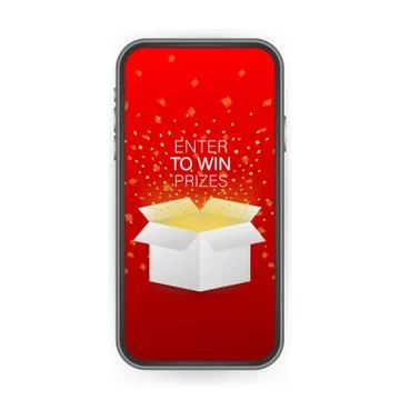 Enter to Win Prizes. Open Red Gift Box and Confetti on smartphone screen. Win Illustrazione stock