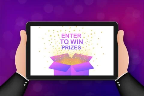 Enter to Win Prizes. Open Red Gift Box and Confetti. Vector stock Illustration. Illustrazione stock