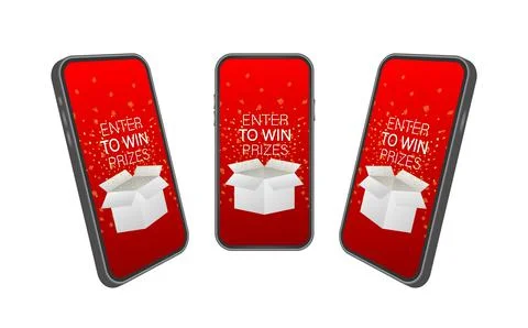 Enter to Win Prizes on smartphone screen. Open Red Gift Box and Confetti. Vector Stock Illustration