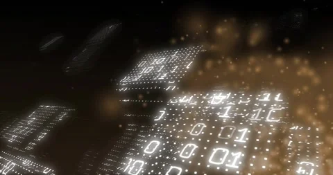 Entering 3D void initiating panel drifting with binary digits flickering and Stock Footage 317369176