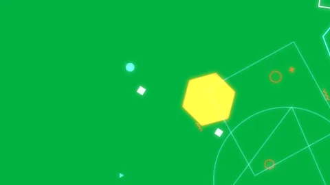 Entering cyan ring making yellow hexagon bobbing, squares orbiting, showing Stock Footage 333630569