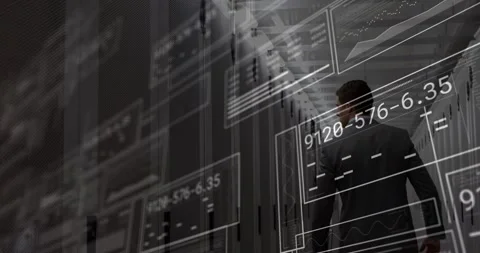 Entering data center aisle, IT admin walking, checking racks, HUD showing charts Stock Footage 321824841