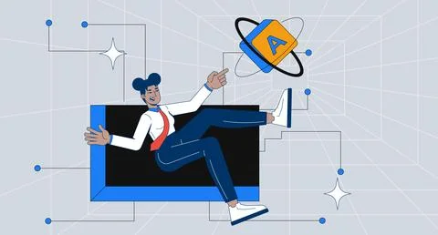 Entering digital library dimension with computer key 2D mixed media illustration Stock Illustration