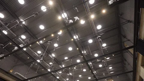 Entering Empty Theater Hall with a view on Tension Wire Grid Ceiling Stock Footage 262111846