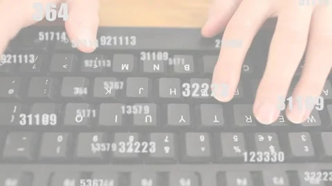 Entering frame, typing hands pressing keys while floating numeric sequences 動画素材 317799545