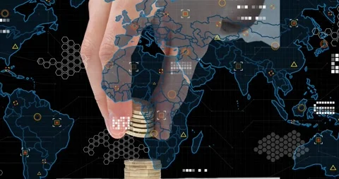 Entering hand stacking coins while world map and UI icons emerging visualizing Stock Footage 318238137