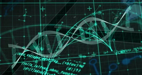 Entering left edge, 3D teal helix rotating while nodes pulsing and code Stock Footage 311678107
