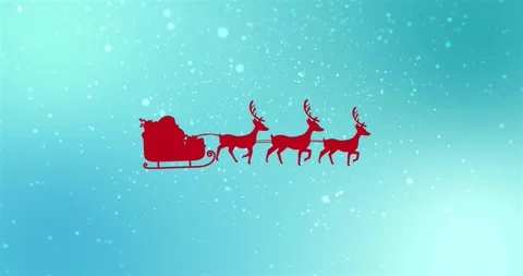 Entering left reindeer shape triggers red sleigh with three reindeer gliding Video stock 319342645
