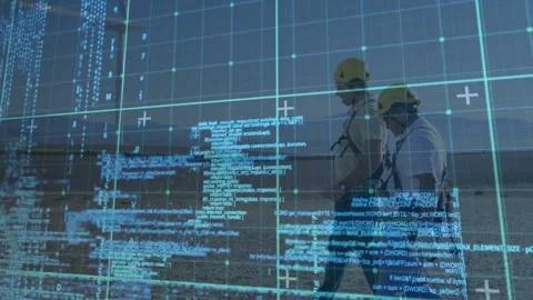 Entering left, two techs walking across wind farm, inspecting while cyan code Stock Footage 332275936