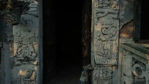 Entering a mysterious gothic temple Stock Footage 148693703