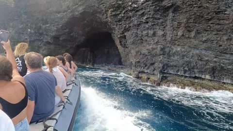 Entering Open Ceiling Sea Cave, Na Pali Coast, Kauai, with audio Stock Footage 299965735